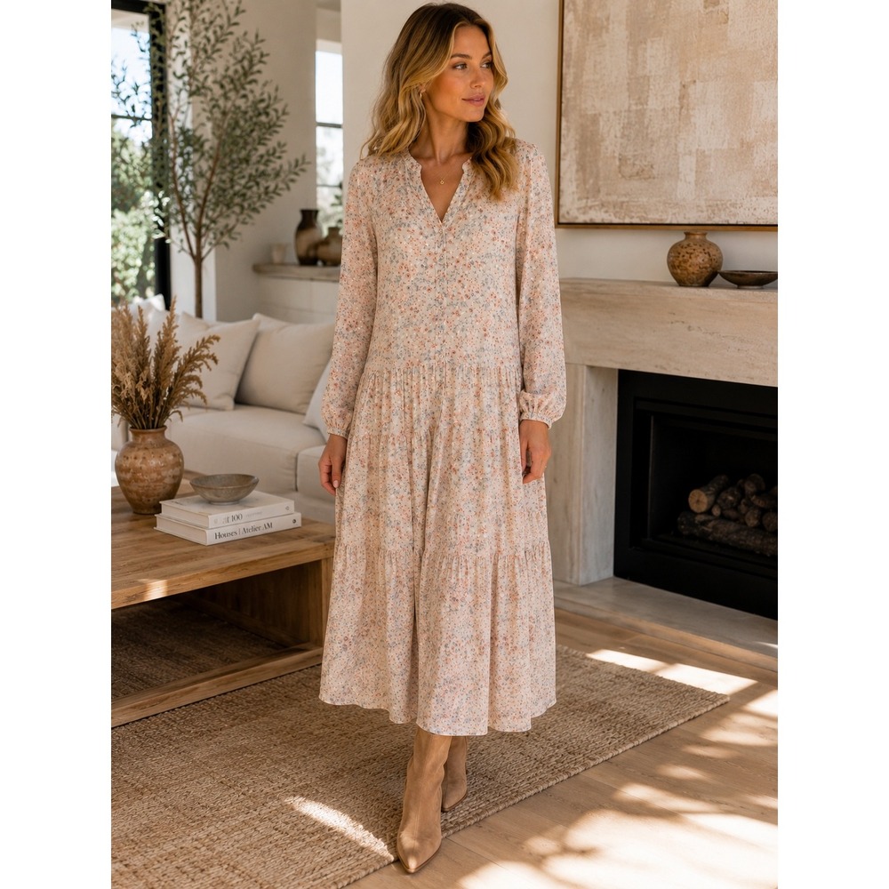Blu Pepper Floral Swiss Dot Tiered Midi Dress Cream Pink Blue Long Sleeve Medium